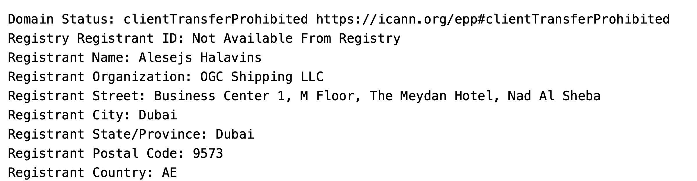 В качестве лица, зарегистрировавшего ресурс OGC Shipping, указан Alesejs Halavins
